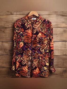 Punch Large Button Down Retro Bohemian Style Rayon Print Shirt